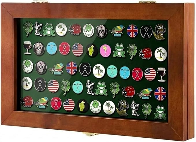 40 Golf Ball Marker Display Case Full Magnetic Backing 15.5" W x 9.5" H Wall Mount Wooden W/98% UV Acrylic Door Lockable Storage Display Box for Ball Marker Collection (Brown)