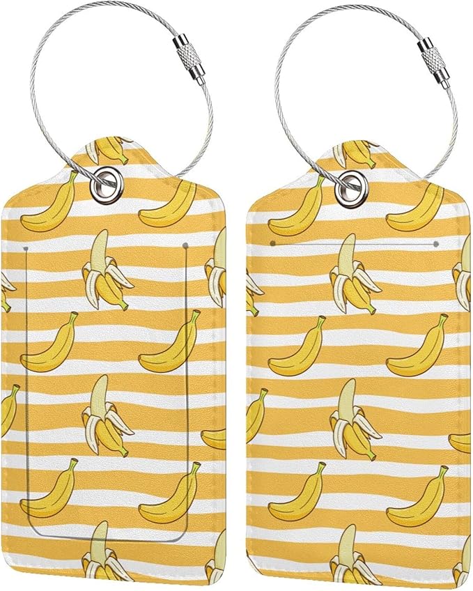 2 Packs Bananas Crew Luggage Tag for Adult Kids, Cute Yellow Background Fruit Suitcase Tag Labels Leather Travel Baggage Identifiers Tags with Full Back Privacy Name ID Card