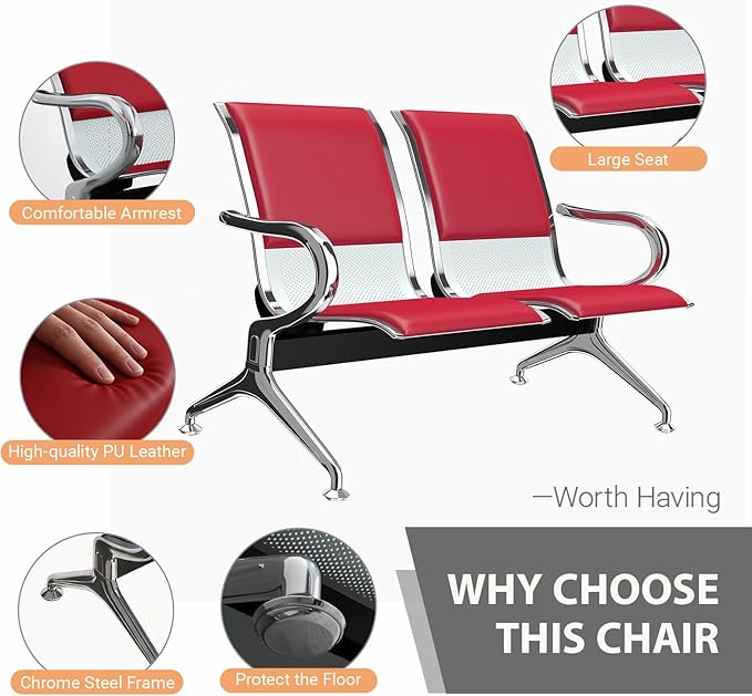 Kinfant 8-Seat Waiting Room Chairs with Arms – Heavy-Duty Steel Frame PU Leather Back & Cushioned Seat, Ergonomic Office Reception Guest Chair for Lobby, Clinic, Airport, Red