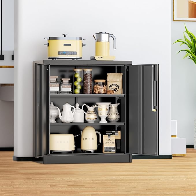 Incbruce 36” Metal Storage Cabinet, Locking Steel Storage Cabinet with 2 Doors and 2 Adjustable Shelves for Garage, Home, Office (Black)