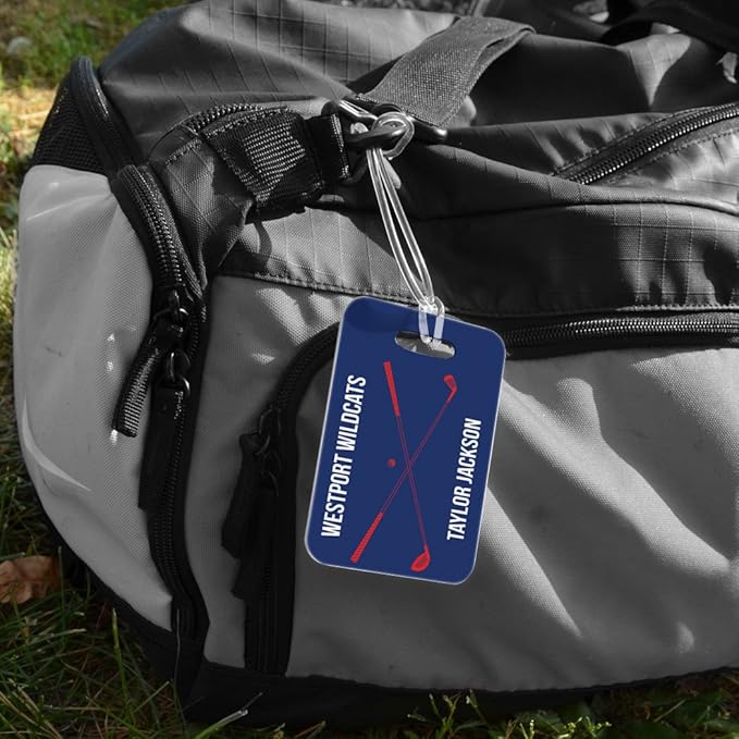 ChalkTalkSPORTS Golf Luggage & Bag Tag | Personalized Crossed Golf Clubs | Standard Lines on Back | Medium | Navy/Red