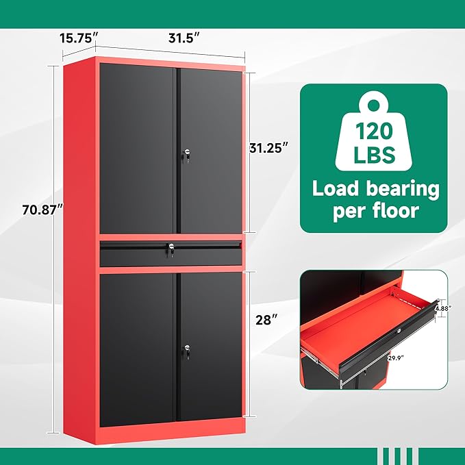 Letaya Metal Garage Storage Cabinet with Drawer,4 Door Tool Cabinet with Adjustable Shelves for Garage Home Office Utility Room (Red)