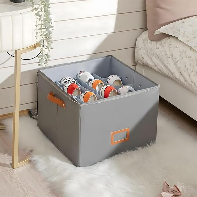 Atlodas Fabric Shoe Organizer Storage Box, 2 Pack Foldable Shoe Storage Organizer Box Bin with Adjustable Dividers and Clear Cover, Fits up to 8-16 Pairs (White, 2Pcs)