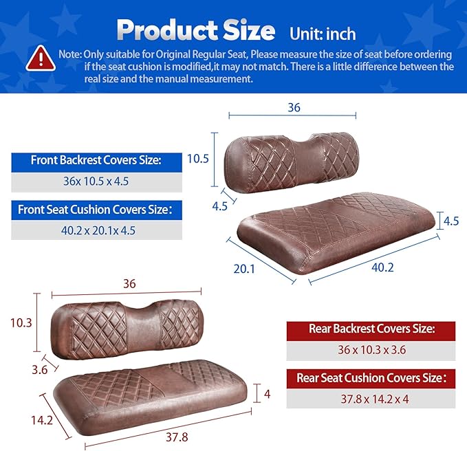 NOKINS Golf Cart Seat Covers for EZGO TXT 1994-2013/EZGO RXV, Vinyl Front&Rear Seat Cover with Flip-Up Armrests kit, with Cup Holder, for 1" Square Tube (Brown&Brown 8438)