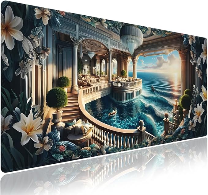Wknoon. Extra Large Gaming Mouse Pad (31.5" x 11.8") with Durable Stitched Edges – Fantasy World Surreal Palace's Balcony to The Ocean Luxurious Seaside Oasis, Anti-Slip Base Extended XXL Desk Mat