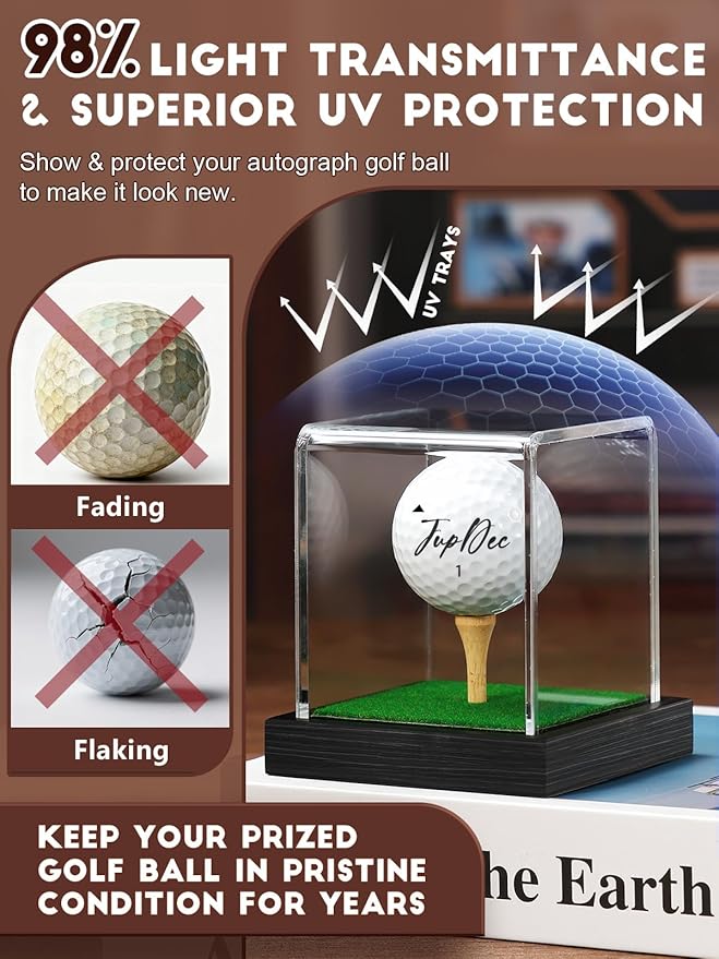JupDec Golf Ball Display Case Clear Acrylic Memorabilia Stand Cube Holder with Wood Base & Tee, Dust Protection Transparent Storage Box for Single Ball Souvenir Golfball Collections, Black, 1 Pack