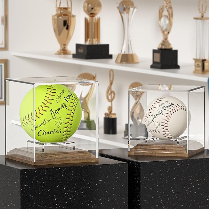 Baseball Case Display for Balls Walnut Wood Base Acrylic Baseball Display Case Baseball Holder Stand Cube Memorabilia Showcase Autograph Ball Protector for Official Size Ball Display