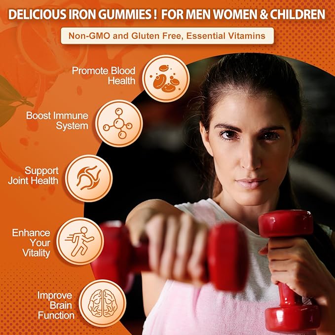 Iron Supplement Gummies, 65mg Iron and 250mg Vitamin C for Women Men Kids, Natural Vegan with Vitamin A, B-Complex, Biotin, Zinc & Folate Energy Support & Immune Health, 60 Count