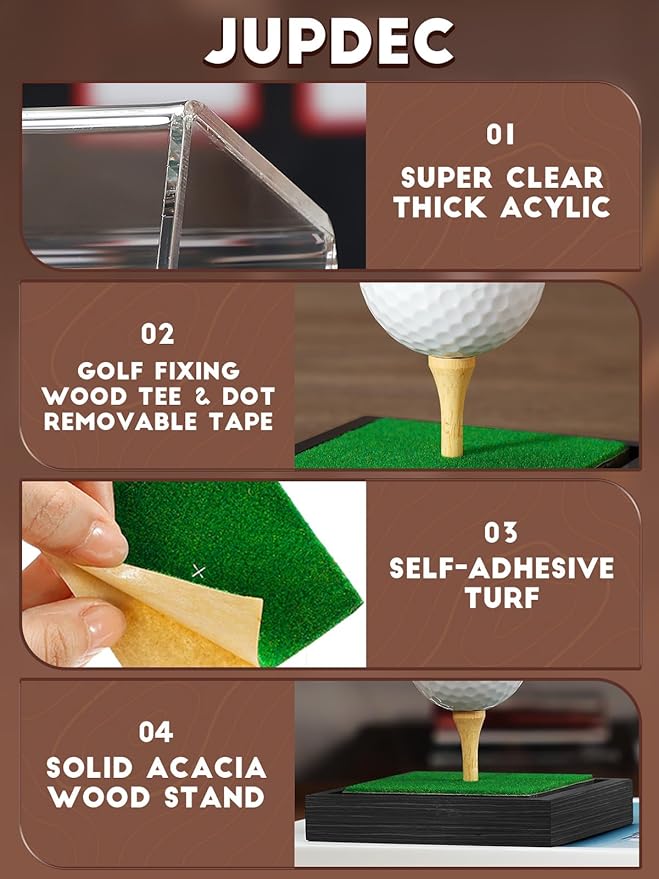 JupDec Golf Ball Display Case Clear Acrylic Memorabilia Stand Cube Holder with Wood Base & Tee, Dust Protection Transparent Storage Box for Single Ball Souvenir Golfball Collections, Black, 1 Pack