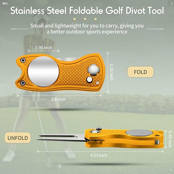 Skylety 4 Pcs Golf Divot Repair Tool Metal Foldable Golf Divot Tool with Magnetic Pop-up Button Ball Marker Stainless Steel Switchblade for Golfers Prizes