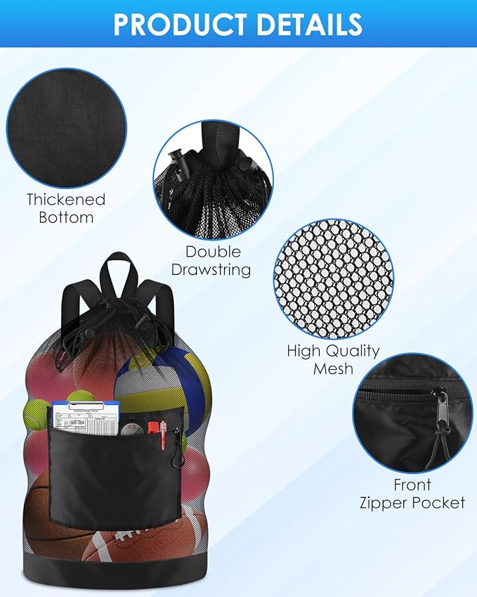 BROTOU Soccer Ball Bag with Double Shoulder Strap Large Mesh Sports Equipment Net Bag with Top Handle Heavy Duty Drawstring Bags Team Work for Basketball, Volleyball, Baseball, Swimming Gear