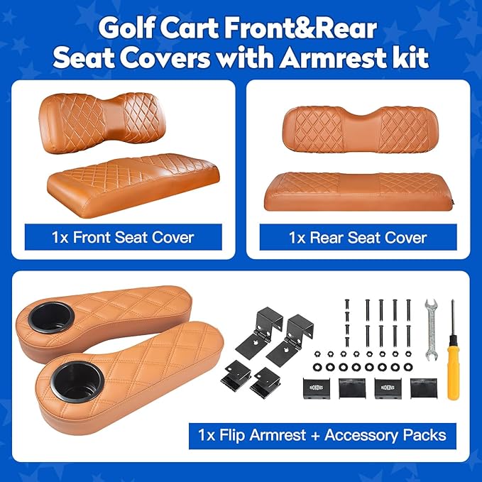 NOKINS Golf Cart Seat Covers for YAMAHA/G29/Drive2, Vinyl Front&Rear Seat Cover with Flip-Up Armrests kit, with Cup Holder, for 1" Square Tube (All Brown)