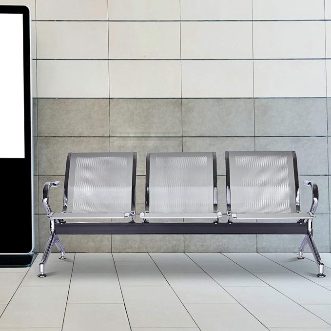 3-Seat Waiting Room Chairs - Waiting Room Bench with Arms Airport Reception Bench Guest Reception Chairs Lobby Bench Waiting Area for Airport Market Bank Hospital School Barbersho, Silver