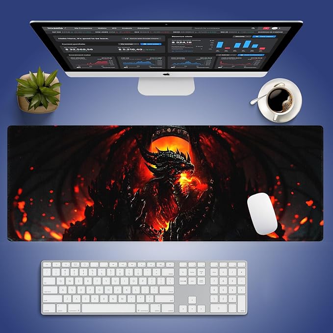 Extended XXL Gaming Mouse Pad with Stitched Edges for PC Home & Office 31.5 x 11.8 inches - Abstract Dragon of Flames and Shadows Design, Smooth Fabric Surface Anti-Slip Rubber Base Large Desk Mat