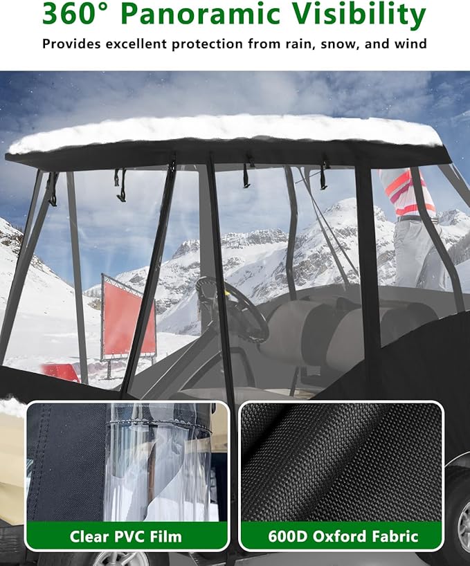 Golf Cart Enclosures 4 Passenger for Club Car DS,Short Roof 58 inch 2+2 Seater 600D Clear Rain Cover Driving Enclosure,Roll Up 4 Sided Transparent Windows&Door Heavy Duty Zipper,Side Mirrors Openings