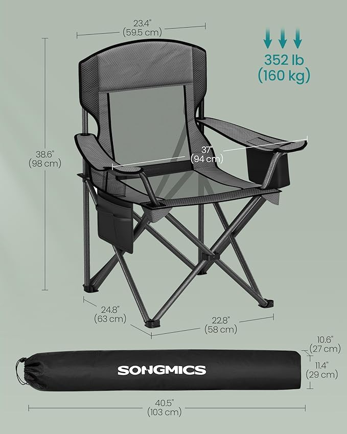 SONGMICS Camping Chair, Folding Lawn Chair with Cooler Bag, 352 lb Weight Capacity, Adjustable Armrests with Cup Holder, Storage Bag, Breathable Nylon Mesh, for Sports Games, Slate Gray UGCB060G01