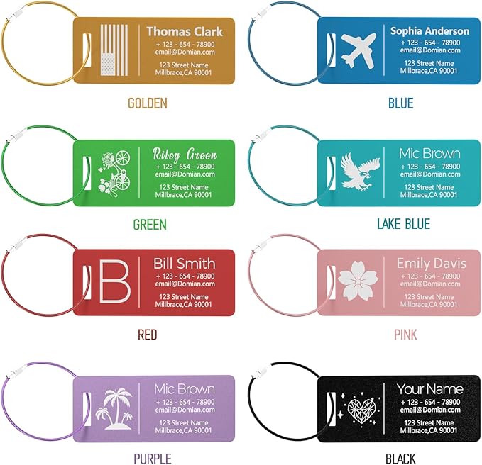 10 Personalized Metal Luggage Tags, Custom Suitcase Aluminum Name Tags with Steel Ring, Laser Engraved Name and Logo, for Travel, Backpack, Baggage, Golf Bag (Red)