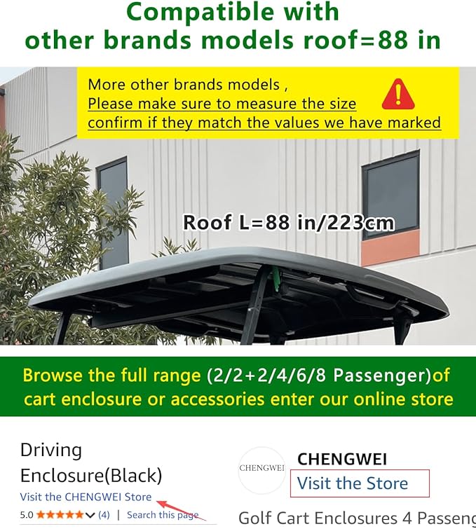 Golf Cart Enclosure 4 Passenger Extended Roof 88 inch for Club Car Tempo Precedent Onward,600D Clear Rain Cover Driving Enclosures,Full Roll Up 4 Sided Transparent Windows&Door Side Mirrors Openings