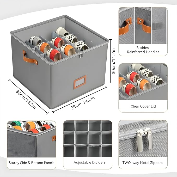 Atlodas Fabric Shoe Organizer Storage Box, 2 Pack Foldable Shoe Storage Organizer Box Bin with Adjustable Dividers and Clear Cover, Fits up to 8-16 Pairs (Gray, 2Pcs)