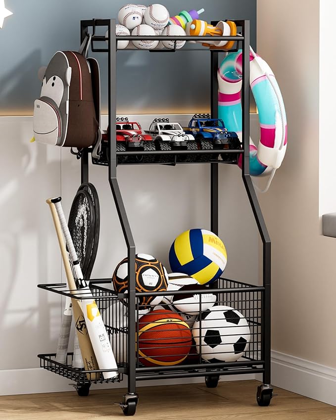 Sports Equipment & Toy Storage Rack with Wheels, 3-Tier Ball Organizer for Balls, Rackets & Sports Gear, Large Capacity with Racket Slots & Hooks, for Garage, Home Gym or Backyard – 17" W