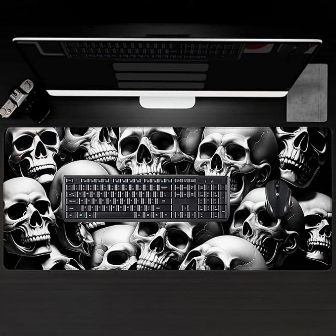 Horror Skull Large Gaming Desk Mat,Rubber Non-Slip White and Black Skulls Mouse Pad,31.5x11.8x0.12in Extended Goth Mousepad,Game Lover Mice Pads Gifts,Office Home Deskmat Decor