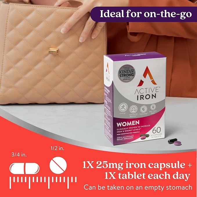 Active Iron Supplement 25mg + Multivitamin for Women – Clinically Proven to Increase Energy & Reduce Tiredness – Gentle, Non-Constipating Iron + Women’s Multivitamin – 30 Capsules + 30 Tablets