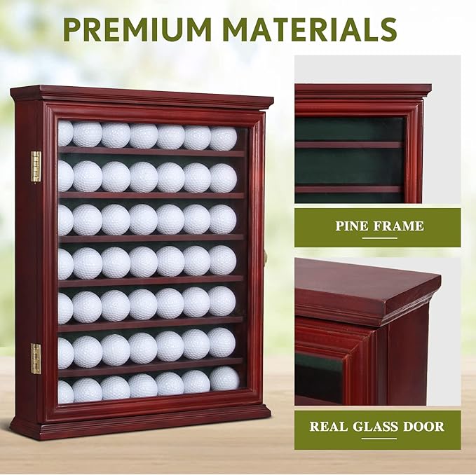 7-Shelf Golf Ball Display Case in Solid Pine Wood with UV Protection and Lockable Glass Door for Organizing and Showcasing Golf Memorabilia