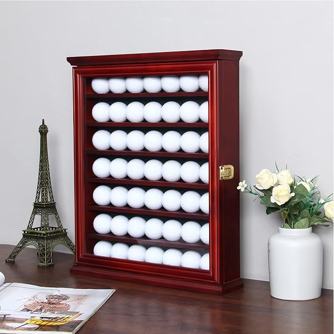 7-Shelf Golf Ball Display Case in Solid Pine Wood with UV Protection and Lockable Glass Door for Organizing and Showcasing Golf Memorabilia