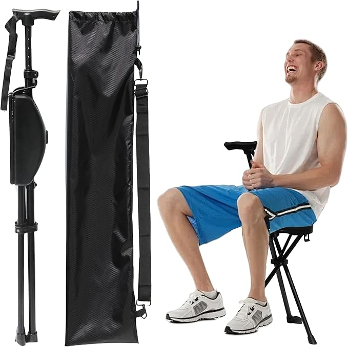 Portable Walking Stick with Cushion, Adjustable Height Cane with Seat, Portable Cane Stool, Lightweight Aluminum, Capacity 550 Lbs, for Camping, Hiking, Climb, Anti-Slip with Carry Bag