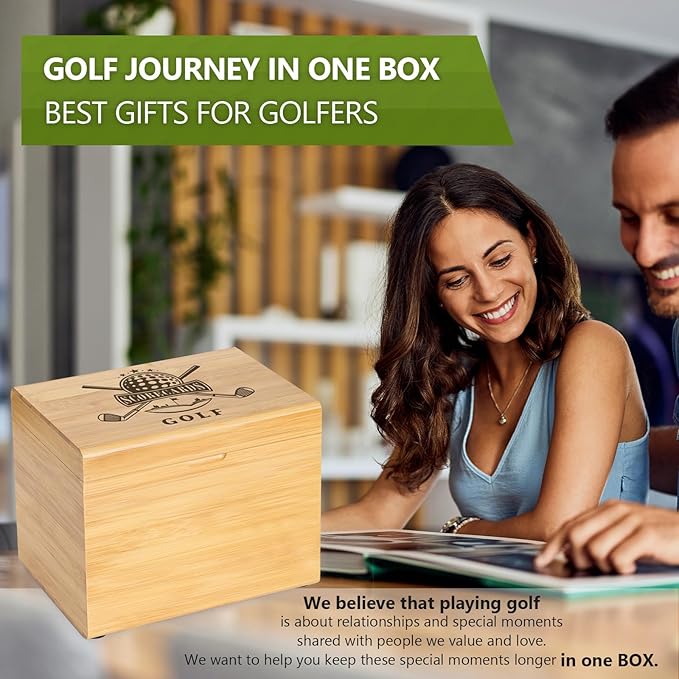Golf Storage Box Golf Gifts - Golf Scorecard Collection Box with 5 Wooden Dividers - Golf Organizer for Scorecards, Photos, Keepsakes; Fathers Day Dad Gifts for Men from Wife (Yellow)