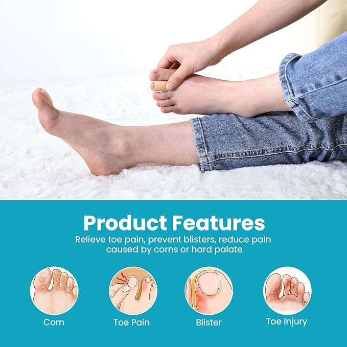 Povihome Toe Sleeves, Toe Protectors, 12 Pack Toe Tube Pads for Hammer Toe,Stubbed Toe,Corns, Calluses Protect (Medium Size, Beige)