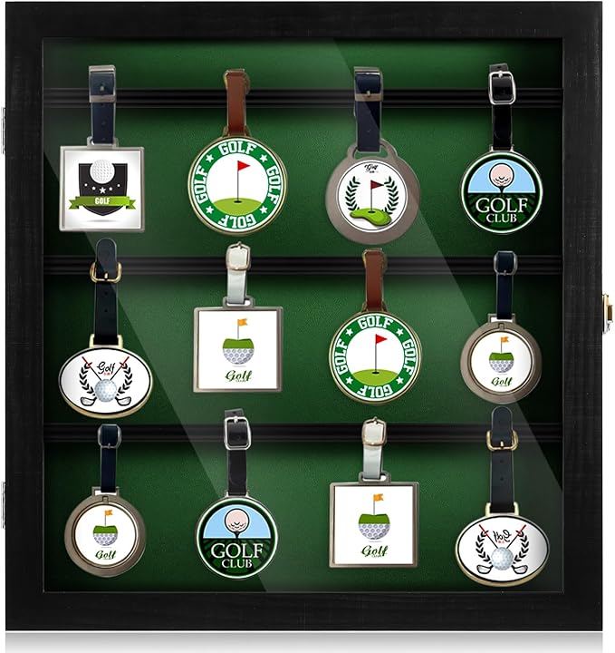 Golf Bag Tag Collection Display Case Holds 40 Bag Tags 16.54 x 15.35 x 1.77 Inch Wall Mount Wooden Shadow Box W/98% UV Acrylic Door Lockable Storage Display Box for Collection (Black, Green)