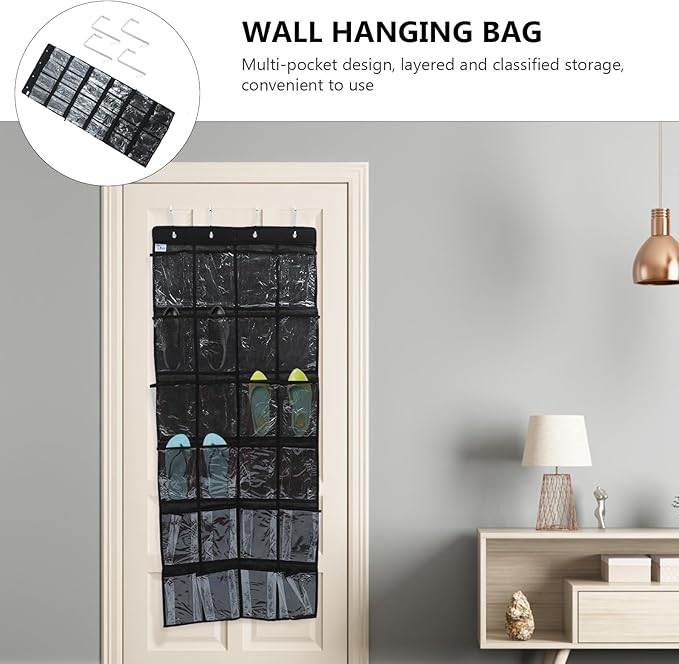 24-Compartment Hanging Shoe Organizer Bag, Black Non-Woven Fabric Storage Hanging Bag with Pockets for Door or Wall, Bedroom Shoe Storage Solution