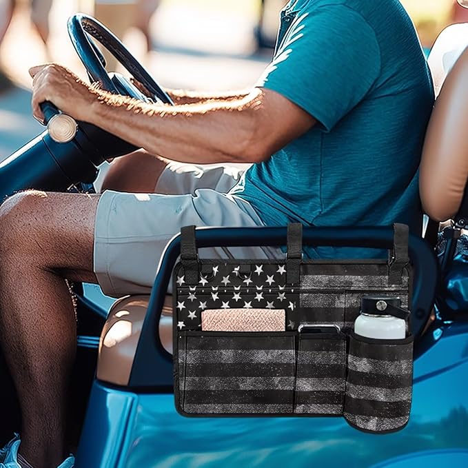 American Flag Golf Cart Bag, Golf Cart Rear Seat Organizer with Open Pockets for Golf Balls & Bottles