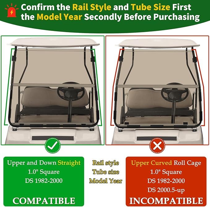 Golf Cart Foldable Windshield 3/16" (5MM) Only Fits 1982-2000 Club Car DS 1"×1" Struts Upper and Down Straight Rail, Folding Acrylic Replacement - Tinted (Not Fit Top Tapered Rail Style)
