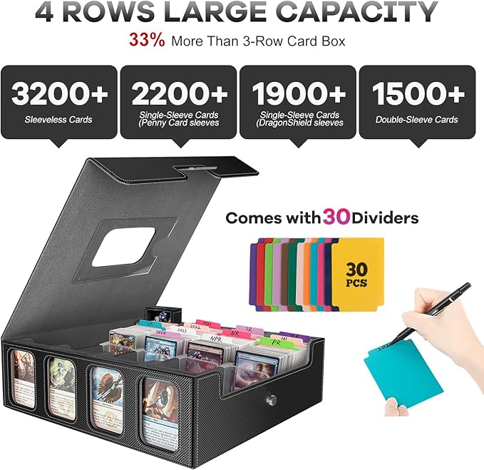 3200+ Trading Card Storage Box with Commander Display, 4 Row Card Deck Box with Portable Handle, Compatible for TCG/MTG/Magic Cards, 30 Colorful Divider, 8 Supporters, US Design Patent (Black&Grey)
