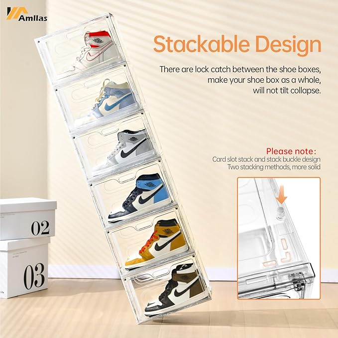 8 Pack Shoe Boxes Clear Plastic Stackable, Large Shoe Storage Organizer with Lids,Drop Side Shoe Containers for Entryway,Sneaker Storage Fit up to US Size 13 (13’’x 10.6”x 8.3”)