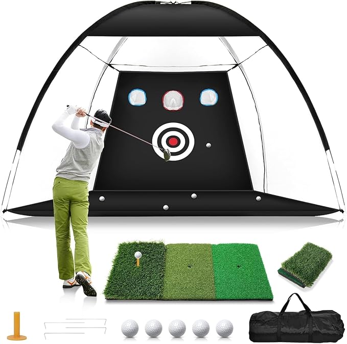 Foldable Golf Hitting Net, 7x5FT Practice Net with Tri-Turf Mat & Target, Includes Balls/Tees for Indoor Outdoor Backyard Training – Gifts for Men, Dad, Golfers
