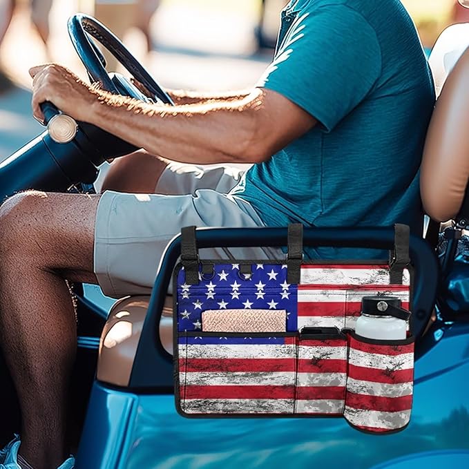 American Flag Golf Cart Bag, Golf Cart Rear Seat Organizer with Open Pockets for Golf Balls & Bottles