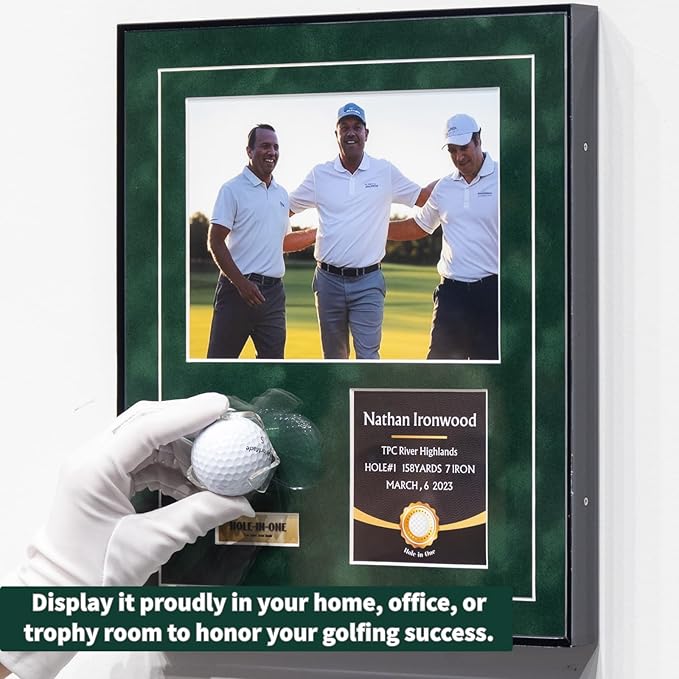 One-Shot Victory Golf Ball Display Frame – Acrylic Case with External Ball Mount, Custom Photo & Nameplate, Green Suede Mat, Elegant Golf Keepsake Gift（vertical design）