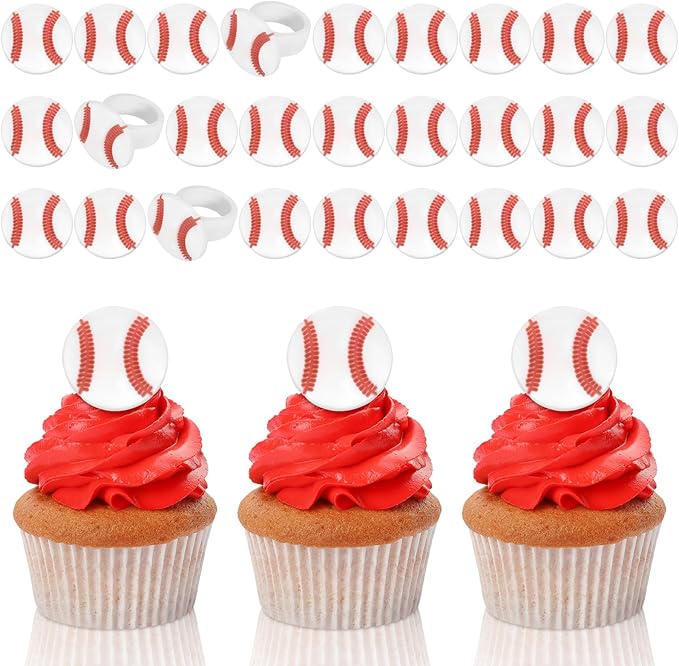 Honeydak 48 Pcs Baseball Cupcake Rings Toppers Decoration Sport Ball Theme Cupcake Picks Baseball Party Decoration Sport Cupcake Toppers Rings for Birthday Party Supplies