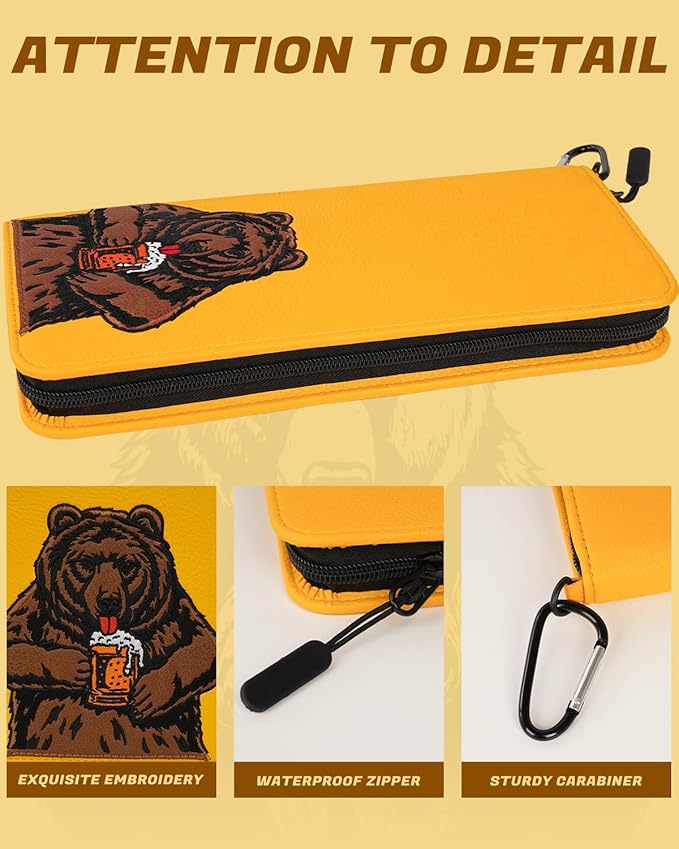 Golf Glove Holder Case for Accessories Portable Golfer Gifts for Men & Women Caddy Organizer Case with Storage Slots for Cards, Tees & Ball Markers Embroidered Beer Bear
