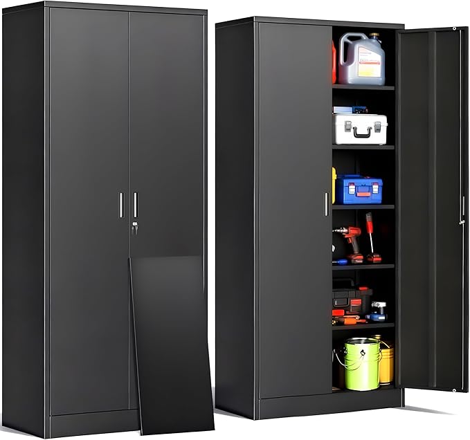 CJF Metal Storage Cabinet, 71" H Locking Cabinet with 5 Adjustable Shelves for Garage, Classroom, School, Home, Office, Pantry-Black