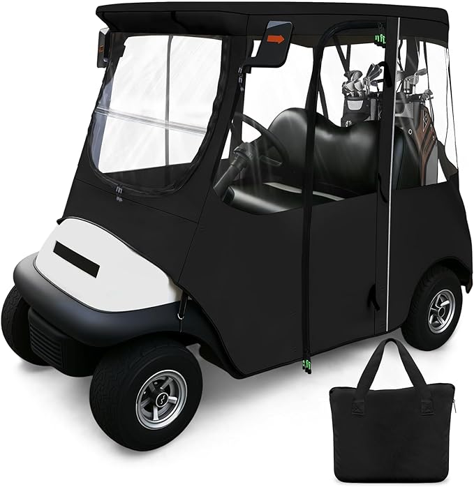 Golf Cart Deluxe Driving Enclosure 2 Passenger Fits Club Car Precedent 2004-Up, Tempo & Onward 2017-Up, Fits Short Roof 42.6" W and 59.9" L, Clear Window with Door Zippers 600D Rain Cover