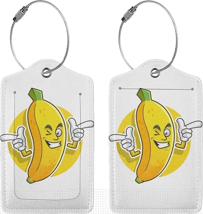 2 Packs Cute Banana Pattern Leather Luggage Tags Novelty Funny Cartoon Suitcase Labels Bag Tag Name ID Labels with Privacy Cover for Teen Kids Adult White Background