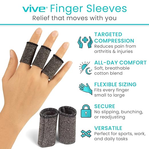Vive Finger Sleeves (30 Pack) - Compression Cushion for Arthritis, Swelling, Joint Pain Relief - Thumb & Index Guard Wraps Basketball, Golf, Crochet, Writing, & More - Support Protectors for Sports