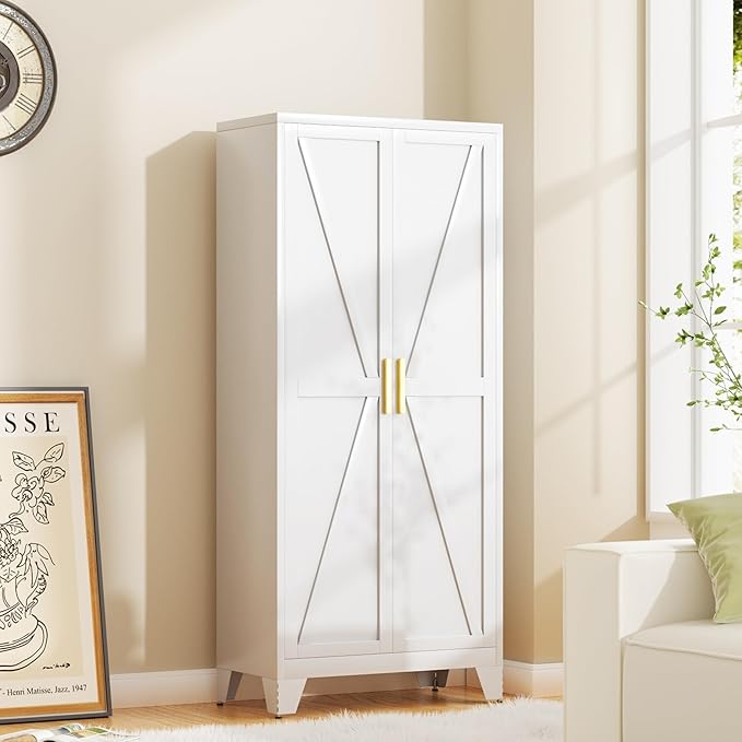 61H Metal Storage Cabinet with 2 Doors and Adjustable Shelves,Farmhouse Storage Cabinet with Barn Doors,Pantry Storage for Home,Office,Bathroom,Dining Room,Kitchen(White)