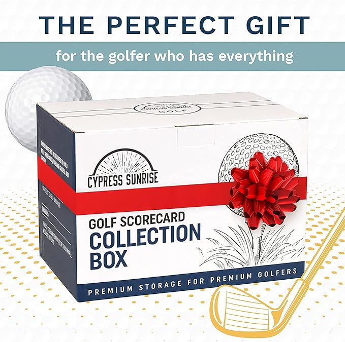 Golf Scorecard Collection Box - Holds Scorecards, Photos, Keepsakes, Yardage Books | Golf Storage Box with 5 Dividers to Organize and Display Golf Score Cards and Accessories Perfect Unique Golf Gift