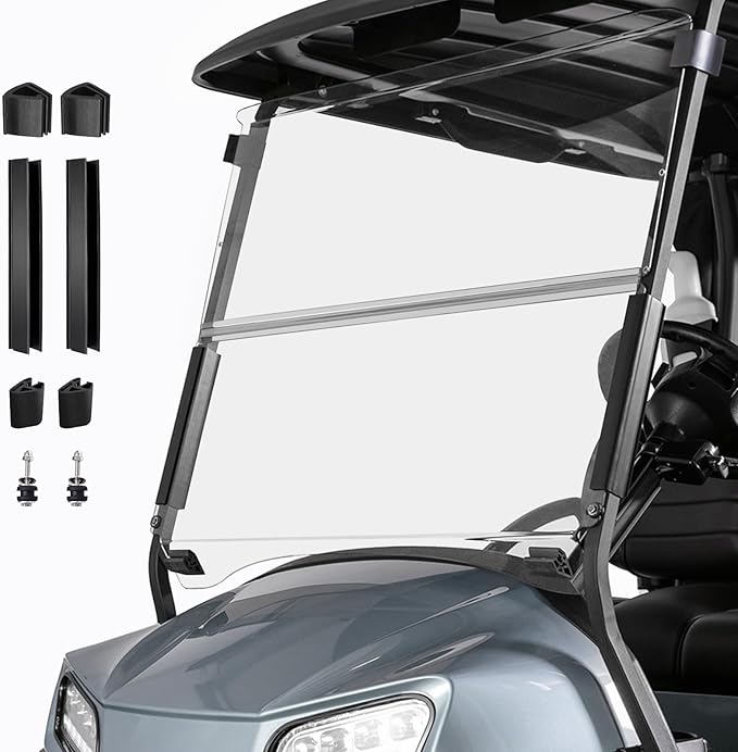 Golf Cart Foldable Windshield 3/16" (5MM) Thicken Only Fits Club Car Precedent 2004+, Tempo 2017+, Onward 2017+, 1"×1" Struts Rail Front Folding Acrylic Windshield Replacement - Clear