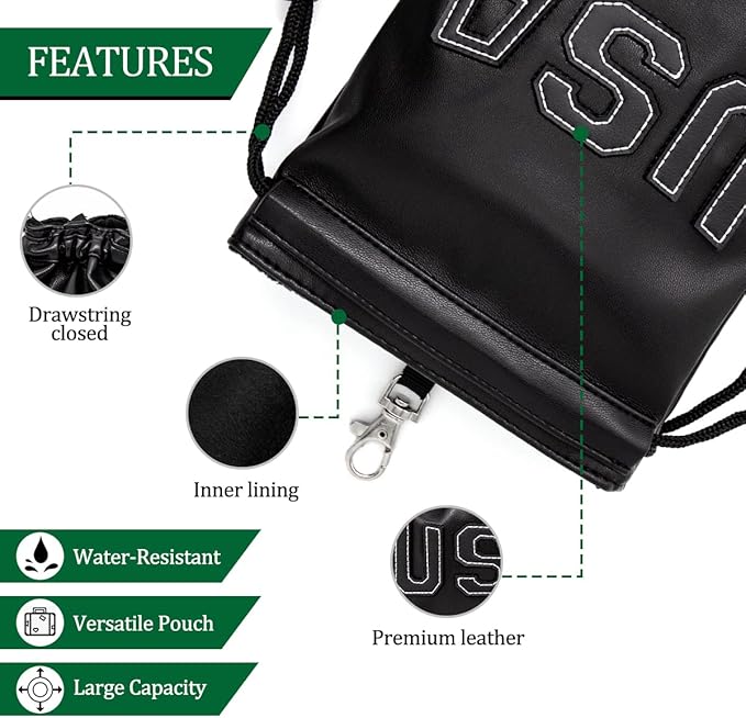Golf Valuables Pouch,Golf Bag Pouch with Drawstrings Leather Tee Pouchs Bag for Men Women